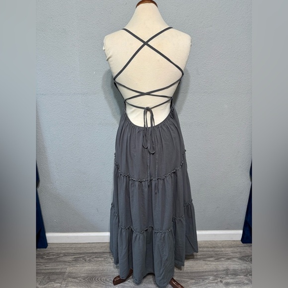 Elegant Gray Women's Bohemian Layered‎ Back Adjustable Strings Maxi Dress Size M - Picture 7 of 10